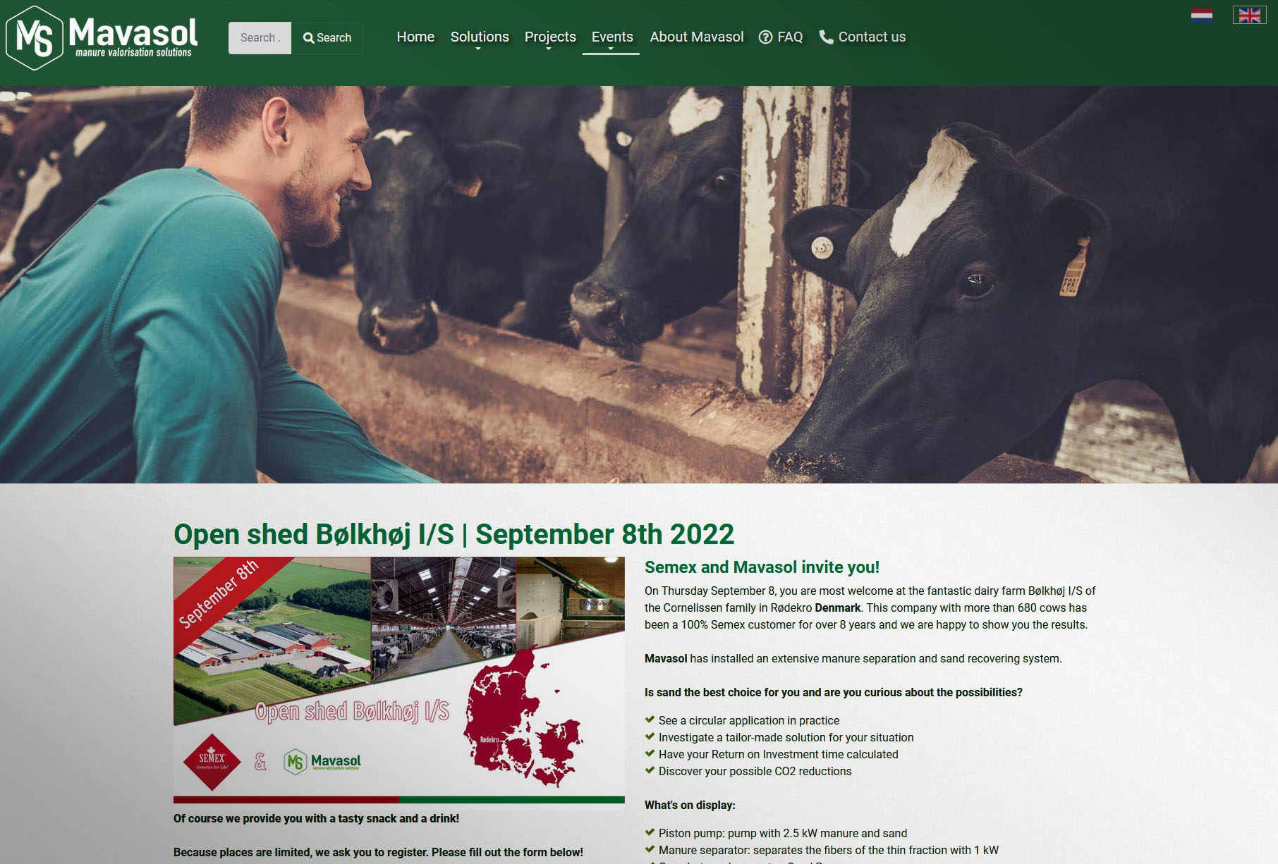 Nederlands- en Engelstalige website van Mavasol, oplossingen voor kringlooplandbouw
